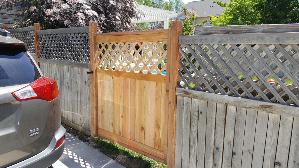 Image of a new gate on an old fence